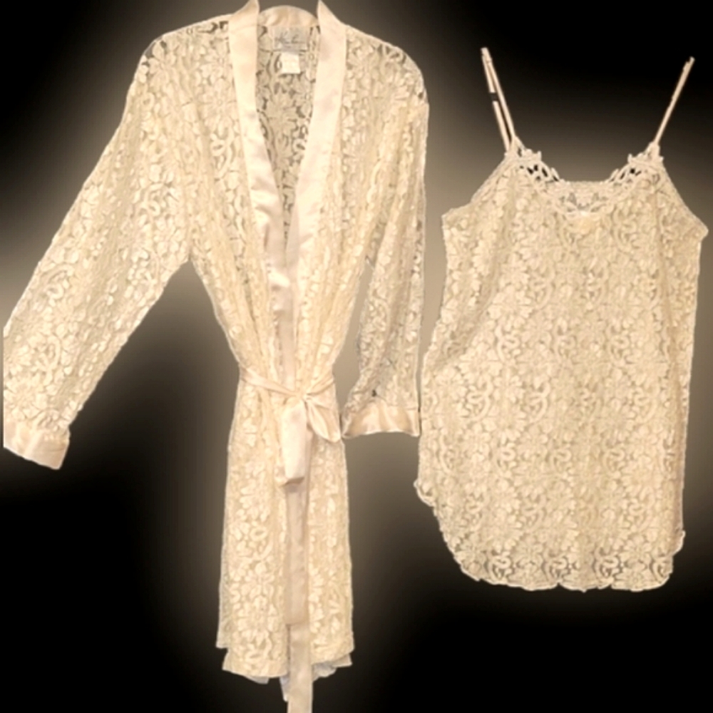 Vtg 90s Kathie Lee cream lace satin trim negligee robe loungewear set M-XL